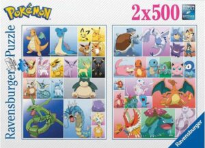 2x500 palan Pokemon Collection -palapelit, joissa monet tutut Pokemon-hahmot. Yhden palapelin valmis koko on 49 x 36 cm.