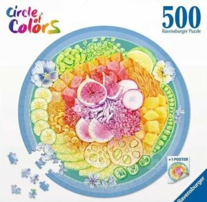 Circle of Colours Poke bowl on Ravensburgerin 500 palan palapeli. Palapeli on pyöreä ja sen halkaisija on 52 cm. Kuvassa hawaijilainen poke bowl.