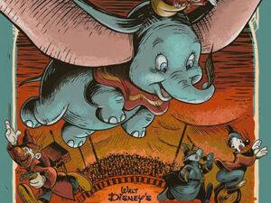 Ravensburger 300 palan Dumbo palapeli. Disneyn 100-vuotisjuhlajulkaisu, jossa Dumbo lentää korvat levällään sirkusteltassa. Valmistaja Ravensburger.