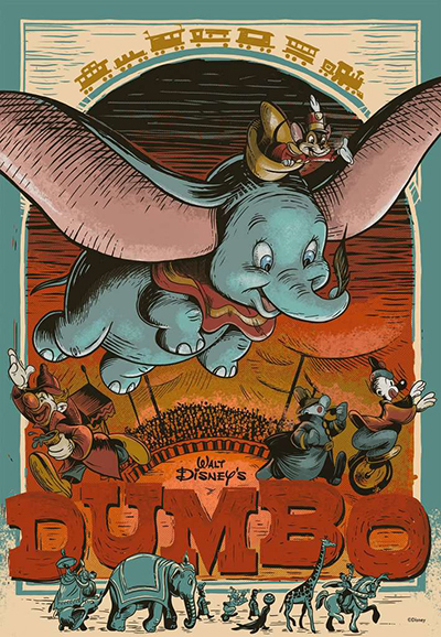 Dumbo palapeli on Ravensburgerin Disney 100 vuotta juhlajulkaisu. Kuvassa ihastuttava Dumbo-norsu lentää korvat levällään. Sirkusväki näkyy kaukana jossain alapuolella.