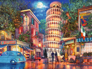 Pisan kadut palapeli (Streets of Pisa) on Ravensburgerin 500 palan palapeli. Kuvassa Pisan kalteva torni ja iltavalaistuksessa kadulla liikkuvat ihmiset ja vanha auto.