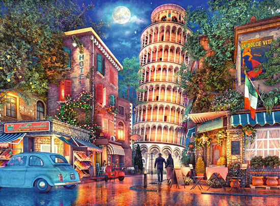 Pisan kadut palapeli (Streets of Pisa) on Ravensburgerin 500 palan palapeli. Kuvassa Pisan kalteva torni ja iltavalaistuksessa kadulla liikkuvat ihmiset ja vanha auto.