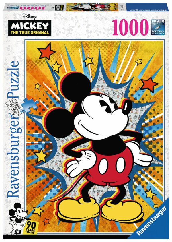 Retro Mickey palapeli (Mikki Hiiri) on Ravensburgerin 1000 palan Disney palapeli. Palapelin kuvassa Mikki Hiiri poseeraa. Taustalla näkyvä harmaa alue on täynnä pieniä Mikki Hiiren kuvia. Disney Mickey the True orinal -tuote.