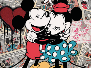 Retro Mickey Mouse -palapeli 500 palan palapelinä. Ihana Mikki ja Minni halaavat. Koko valmiina 47 x 33 cm. Valmistaja Dino.