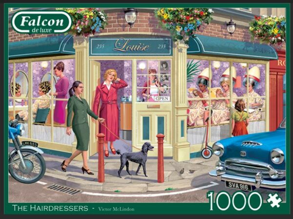 Kampaamo-palapeli (The Hairdresser) on Falconin 1000 palan palapeli. Vintagetyylinen katunäkymä, jossa kampaajalta tuleva rouva. Kuvitus Victor McLindon.