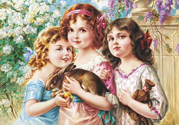 Palapelin kuva on kuin kiiltokuva, jossa kolme nuorta neitoa poseeraa kani sylissään. 500 palaa. Koko 47 x 33 cm. Valmistaja Castorland.