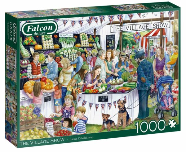 Falcon The Village Show palapeli on vintagetyylinen 1000-palainen, jonka kuvassa kesän satoa esitellään kyläjuhlilla.