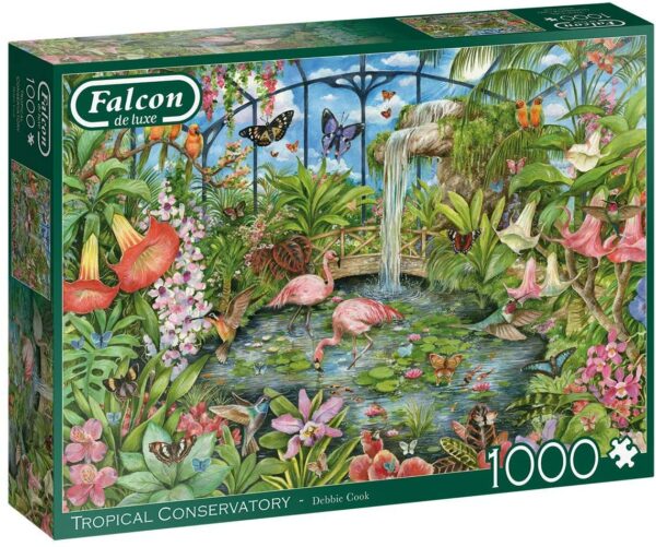 Trooppinen puutarha palapeli on Falconin 1000-palainen, jonka kuvassa ihana katettu puutarha, jossa trooppiset kukat ja kasvit sekä eläimet ihastuttavat. 