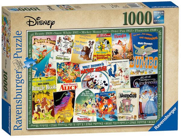 Vintage Posters Disney -palapelissä on Disneyn klassikkoelokuvien julistekollaasi. 1000 palan palapeli. Valmiin palapelin koko 70 x 50 cm.