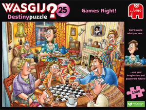 Wasgij Games Night -palapeli on Wasgij-pelien Destiny numero 25. Peli-ilta aihe sopii hyvin palapelipelaajille, koska pelaaminen on kivaa ja myös palapeleillä pelataan. Kuvassa shakkilauta ja innokkaat pelaajat laudan ympärillä.