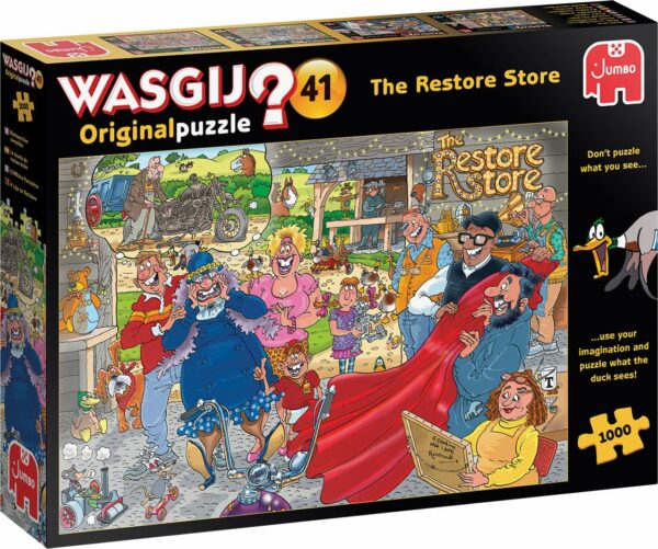Wasgij Original 41 palapeli on nimeltään The Restore Store.  Wasgij Original kootaan sen mukaan, mitä kansikuvan henkilö näkee. Palapelin kuva siis ei ole kannen kuva vaan jotain ihan muuta.