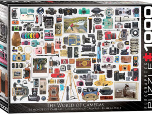 World of Cameras -palapeli: Kamerat ja kameroiden kehitys vuosikymmenien saatossa on tämän Eurographicsin palapelin aihe. Koko 67.30 x 48.90 cm.