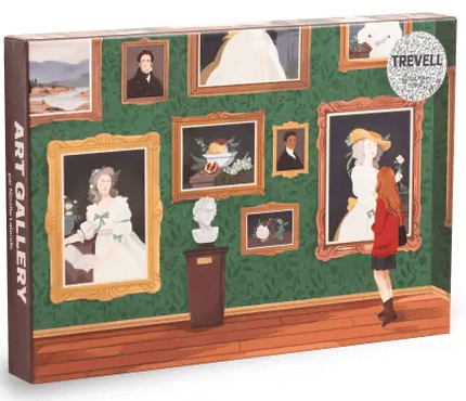 Art Gallery -palapeli: Nicolle Lalonden kuvittamassa 500 palan palapelissä tyttö on taidegalleriassa katsomassa erilaisia maalauksia ja veistoksia. Trevell