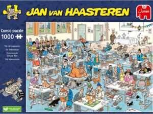 Jan van Haasteren Kissanäyttely (The cat pageantry) -palapelissä sattuu ja tapahtuu vaikka mitä. Palapelissä on 1000 palaa.