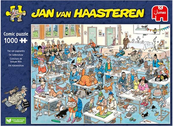 Jan van Haasteren Kissanäyttely (The cat pageantry) -palapelissä sattuu ja tapahtuu vaikka mitä. Palapelissä on 1000 palaa.