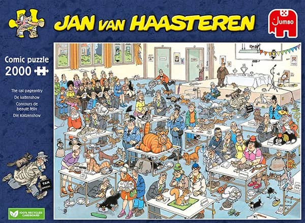 Jan van Haasteren Kissanäyttely (The cat pageantry) sattuu ja tapahtuu vaikka mitä. Palapelissä on 2000 palaa.
