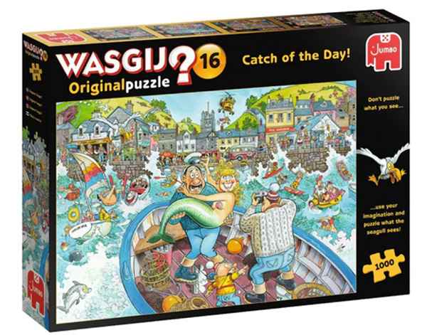 Wasgij Original 16 -palapeli Catch of the Day! on hauska mysteeripalapeli, jossa ei koota palapelilaatikon kuvaa vaan se, mitä kansikuvan henkilö näkee.