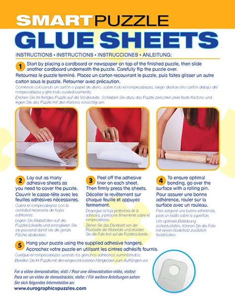 Palapelin liima-arkki Puzzle Glue Sheets on helppo tapa ripustaa valmis palapeli seinälle tai säilyttää kokonaisena. Pakkauksessa 8 kalvoa. Valmistaja kanadalainen Eurographics.