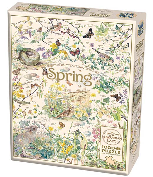 Kevät palapeli kuuluu Cobble Hillin Country Diary -sarjaan, johon kuuluu kaikki neljä vuodenaikaa. Kevät-palapelissä ihastuttavat kevään merkit: kukat, perhoset, linnut ja kevätesikoiden lomasta kurkkiva kani.