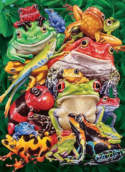 Frog Business palapeli on täynnä erilaisia sammakoita. Sammakot-palapelissä on 1000 palaa. Valmistaja kanadalainen Cobble Hill.