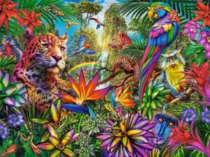 Jungle Fashion palapeli on Castorlandin 500 palan palapeli, jossa värikkäitä kukkia ja viidakon eläimiä. 