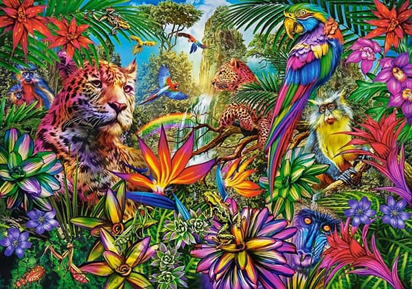 Jungle Fashion palapeli on Castorlandin 500 palan palapeli, jossa värikkäitä kukkia ja viidakon eläimiä. 