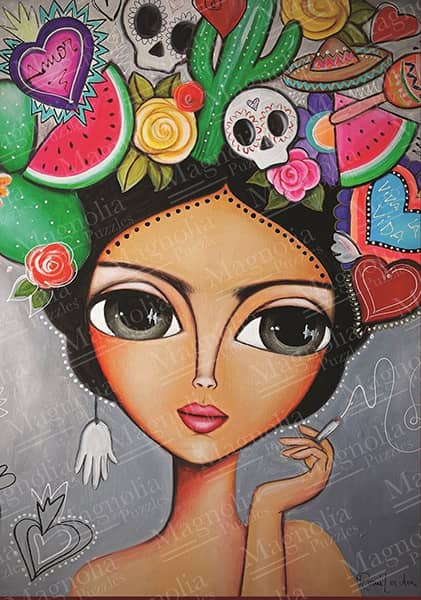 Magnolia Frida palapeli on kuvittaja Romi Lerdan näkemys meksikolaisesta taidemaalari Frida Kahlosta. Meksikosta tutut elementit kuten hedelmät, kaktukset ja pääkallo näkyvät Fridan päähineessä.