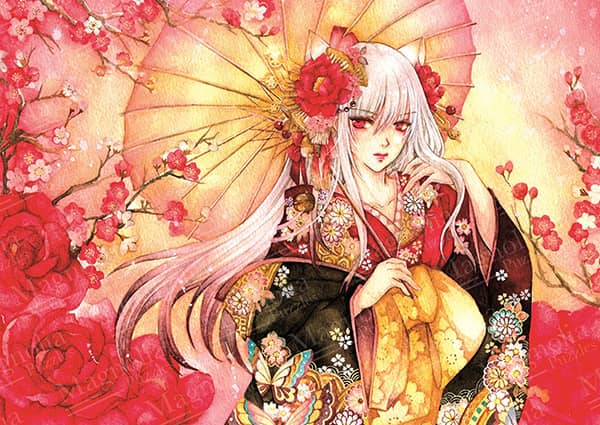 Magnolia Red Plum palapeli on 1000 palan palapeli, jossa animetyylinen nainen pitää päivänvarjoa ja hänellä on punainen kukka hiuksissaan. Geishan roosat hiukset valuvat kohti punaisia kukkia. Kuvittaja Laverinne tunnetaan animetyylisistä kuvituksista.