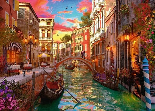 Venice Romance palapeli kuuluu Ravensburgerin Pohjoismaiden ulkopuoliseen mallistoon. 1000 palan palapeli on kaunis näkymä Venetsian siltojen ja kanaalien maailmaan. 
