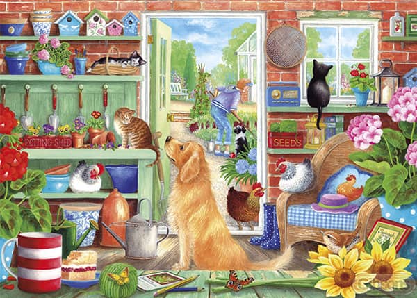 Puutarhavaja palapeli on (The Potting Bench) on Gibsonsin 1000 palan palapeli, jossa kissa ja koira katsovat toisiaan. Kanat kulkevat vapaana ja nainen touhuaa puutarhassa. 