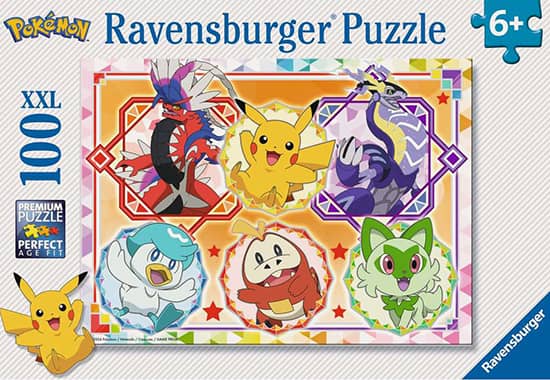Pokémon palapeli 100 palaa on Ravensburgerin vuoden 2024 uutuus. Kuvassa Pokémon-hahmot värikkäänä kollaasina. Lapsi voi koota palapelin vaikka hahmo kerrallaan. 