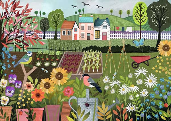 Siirtolapuutarha palapeli (Garden Allotment) on Ravensburgerin vuoden 2024 uutuus. Georgia Breezen kuvittamassa pelissä hyötypuutarha kukoistaa, kesän kukkaloisto on kauneimmillaan ja ihastuttavat talot näkyvät taustalla.