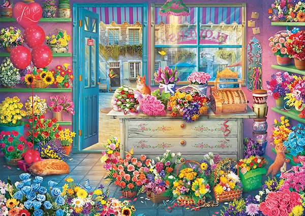 Värikäs kukkakauppa palapeli (Colourful flower shop) on Schmidtin 1000 palan palapeli. Kuvassa  värikkäät kukkakimput ja kukat ovat täyttäneet kukkakaupan hyllyt ja pöydän. 
