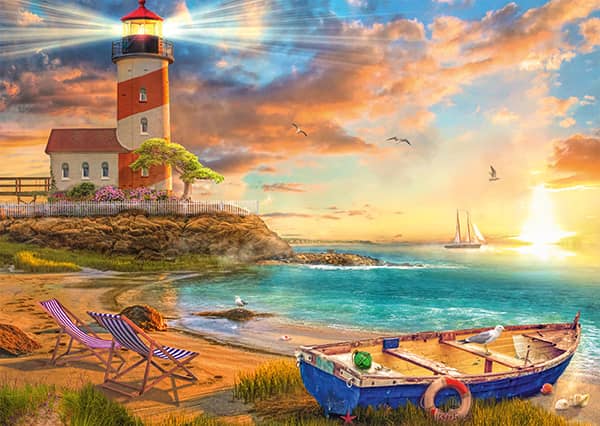 Auringonlasku ja majakka -palapeli (Sunset over lighthouse bay) on Schmidtin 1000 palan palapeli, jonka kuvassa aurinko laskee ja värjää taivaan upeilla väreillä. Majakka seisoo lahden töyräällä, vene on vedetty rantaan. Aurinkotuolit on jätetty rannalle.
