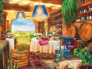 Winery palapeli on Eurographicsin vuoden 2024 uutuus. Kuvassa pöytä on katettu viinipullojen ja viinitynnyrien seuraan. Ulkona näkyy laajat pellot.