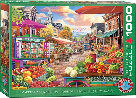 Markkinat palapeli (Main Street Market Day) on Eurographicsin 1000-palainen. Kuvassa myyntikojut on täynnä kukkia ja vihanneksia. Kesän satoa on runsaasti.  Eurographicsin palapelit on leikattu SmartCut-tekniikalla