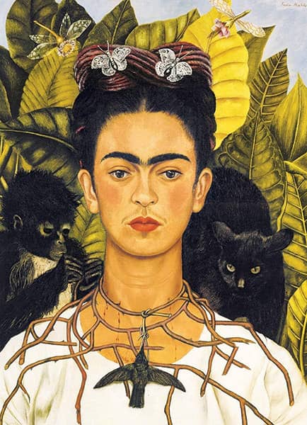 Frida Kahlo palapeli (Self-Portrait with Thorn Necklace and Hummingbird), jonka kuvassa Kahlon omakuva vuodelta 1940. Kuvassa Kahlolla on kaulassa orjantappuraa, josta roikkuu kolibri. Taiteilijan takana näkyy musta kissa ja apina.  Taidepalapelin valmistaa kanadalainen Eurographics.