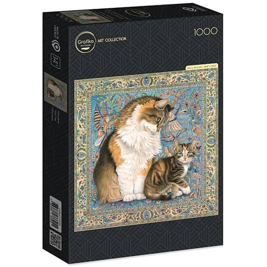 Kissat persiaisella matolla palapeli (Agneatha and Avril on Persian carpet) on Grafikan 1000 palan neliön mallinen palapeli. Kissojen taustalla upea kirjava matto. 
