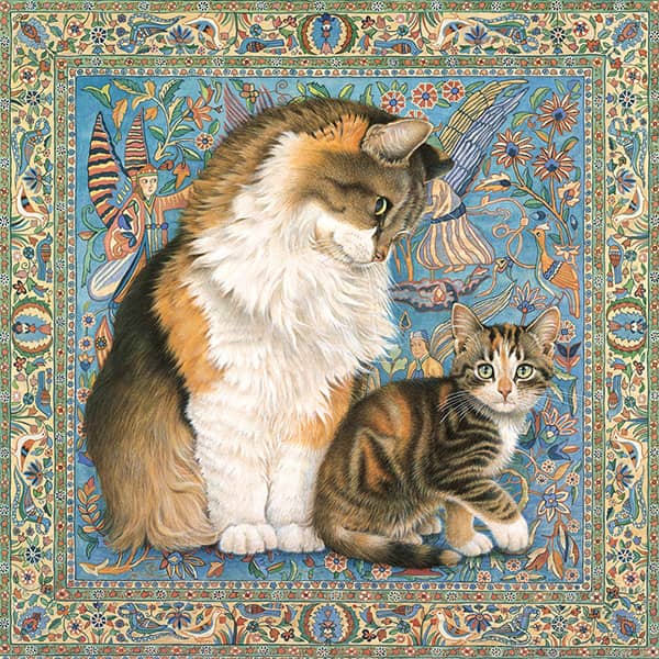 Kissat persiaisella matolla palapeli (Agneatha and Avril on Persian carpet) on Grafikan 1000 palan neliön mallinen palapeli. Kissojen taustalla upea kirjava matto. 
