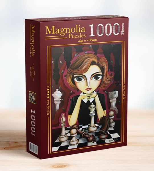 Kuningattaren pelinavaus palapeli (The Queen's Gambit) on Magnolian 1000-palainen, aiheena shakki . Kuvassa nainen istuu shakkilauta edessään ja miettii ensimmäistä siirtoaan. 