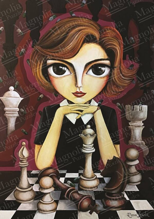 Kuningattaren pelinavaus palapeli (The Queen's Gambit) on Magnolian 1000-palainen, aiheena shakki . Kuvassa nainen istuu shakkilauta edessään ja miettii ensimmäistä siirtoaan. Kuvitus Romi Lerda.