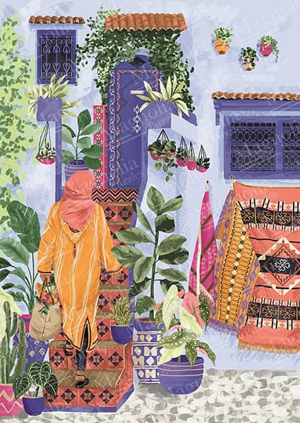 Magnolia palapeli Naisia ympäri maailman Marokko on 1000 palan palapeli, jos marokkolainen nainen nousee portaita ylös. Kirjavat tekstiilit ja maalatut portaat tuovat yksityiskohtia kuvaan. Myös rehevät kasvit tuovat väriä ja elementtejä, jotka helpottavat kokoamista. Kuvittajana Claire Morris.