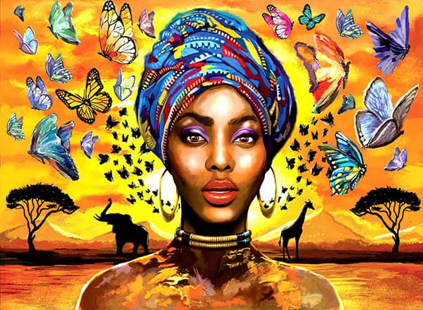 Delightful Woman palapeli on upea kuva naisesta, joka on kietonut huivin hiustensa suojaksi. Perhoset värittävät oranssia taivasta. Taustalla näkyy silhuettina norsu ja kirahvi sekä afrikkalaisia puita.