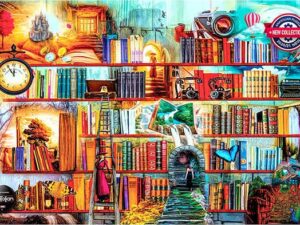 Mystery Writers palapeli 3000 palaaon kuva kirjahyllystä, jossa kirjat ja tarinat nivoutuvat yhteen. Värikkäät kirjat ja ihmiset kirjojen joukossa luovat mystisen ja taianomaisen kuvan tarinoiden ja kirjojen moninaisuudesta.