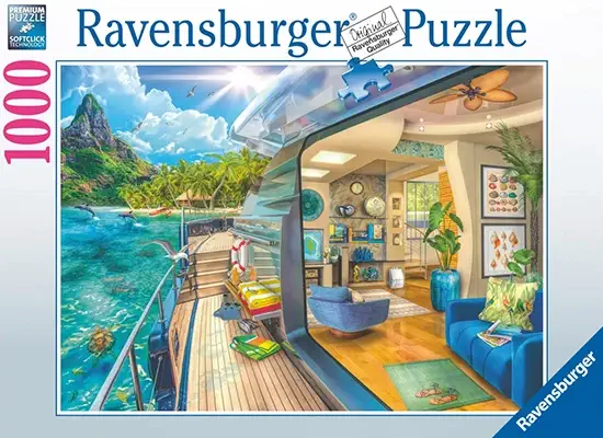 Tropical Island Charter palapeli on Ravensburgerin 1000 palan palapeli. Kuvassa ihana trooppinen maisema, joka näkyy veneen kannelta. 