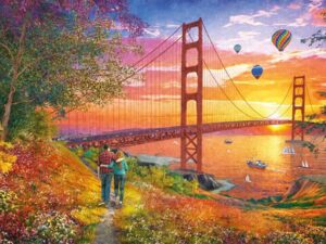 Golden Gate 2000 palan palapeli on Schmidtin upea kuva sillasta, jonka yläpuolella leijailee kuumailmapallot. Pariskunta nauttii ilta-auringosta.