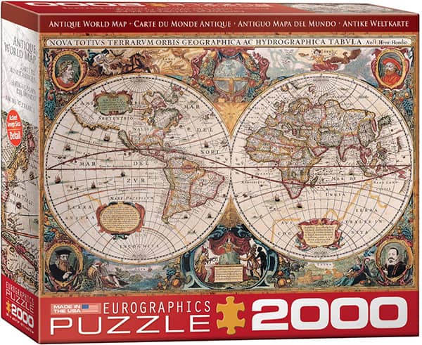 Maailmankartta palapeli 2000 palaa on kanadalaisen Eurographicsin valmistama. Antiikkinen kartta yksityiskohtineen sopii valmiina vaikka tauluksi.