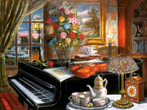 Ensemble palapeli on Castorlandin 2000 palan palapeli. Kuvassa flyygelin päälle on aseteltu upea kukkakimppu, pöydälle on tuotu astiat kahvitarjoilua varten.