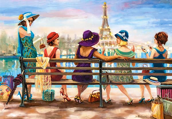 Naisten vapaapäivä palapeli on Castorlandin 1000 palan palapeli. Kuvassa tyylikkäästi pukeutuneet naiset istuvat puistonpenkillä ja nauttivat Pariisin kesästä. 