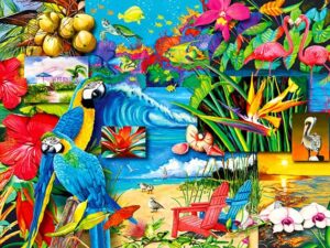 Tropiikin aarteet palapeli on Enjoyn 1000-palainen. Kuvassa värikkäät papukaijat ja muut linnut, kalat, kukat ja kasvit. Ihanaa väriterapiaa.